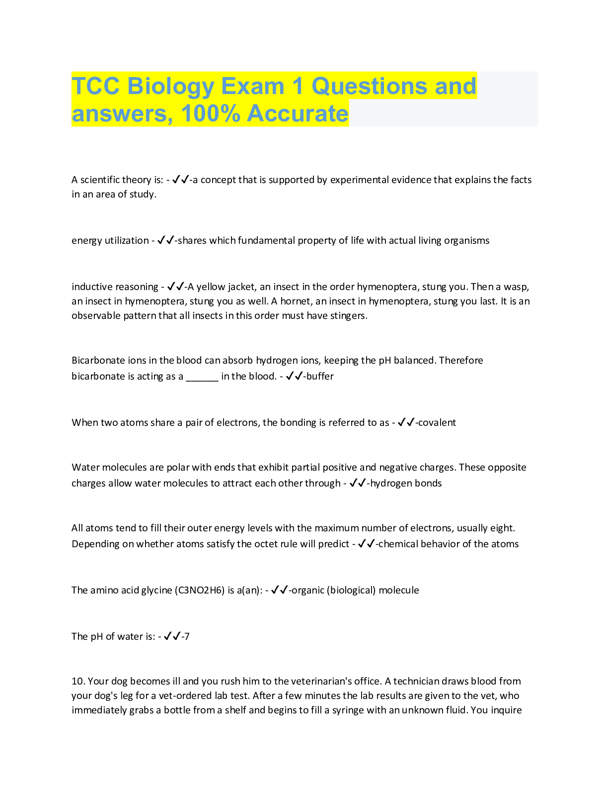 Preview image for TCC Biology Exam 1 Questions and  answers, 100% Accurate